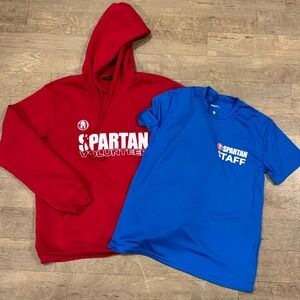 Lot of 2 Spartan Volunteer Red Fleece Sweatshirt & Blue Staff Dri-Fit T-Shirt